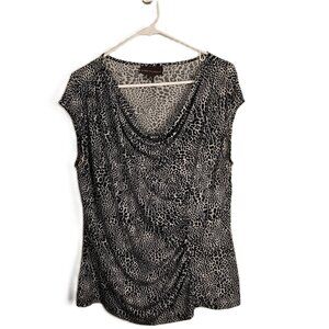 Dana Buchman Womens Blouse Leopard XL Black Gray White Sleeveless Ruched Drape